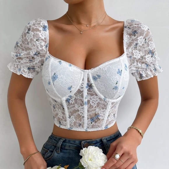 Boho Floral Lace Puff Sleeve Top - Picture 1 of 5